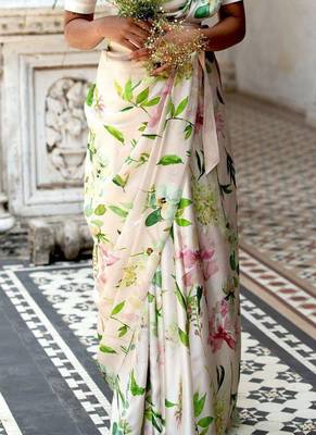 White original japan satin saree with digital print blouse 5