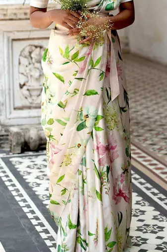 White original japan satin saree with digital print blouse