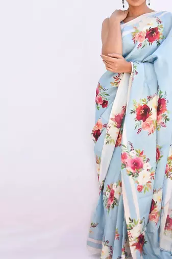 Light blue original japan devsena satin saree japan satin digital print blouse