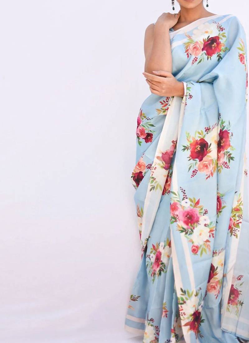 Light blue original japan devsena satin saree japan satin digital print blouse