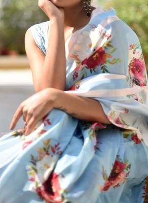 Light blue original japan satin saree with digital print blouse 2