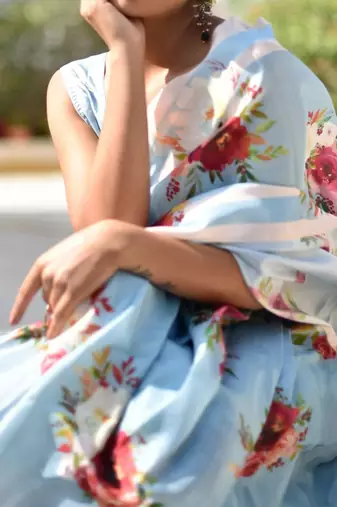 Light blue original japan satin saree with digital print blouse