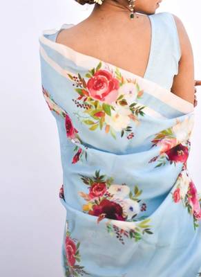 Light blue original japan satin saree with digital print blouse 3