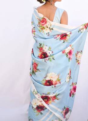 Light blue original japan satin saree with digital print blouse 4
