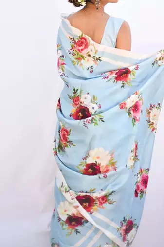 Light blue original japan satin saree with digital print blouse