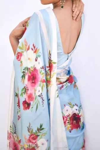 Light blue original japan satin saree with digital print blouse