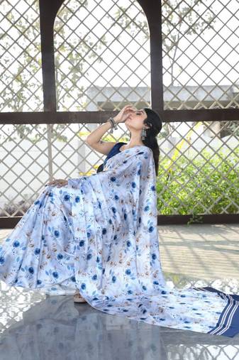 White original japan devsena satin saree japan satin digital print blouse