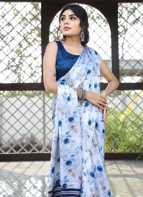 White original japan satin saree with digital print blouse 2