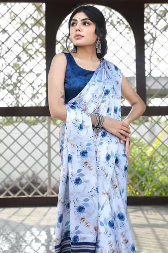 White original japan satin saree with digital print blouse