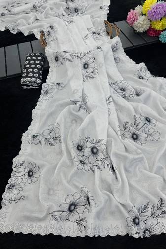 white silk blend digital printed saree with swarovski diamond work & blouse piece