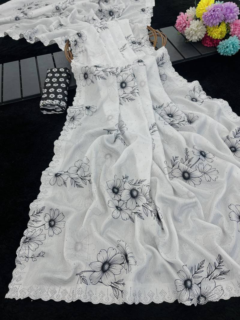 white silk blend digital printed saree with swarovski diamond work & blouse piece