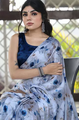 White original japan satin saree with digital print blouse