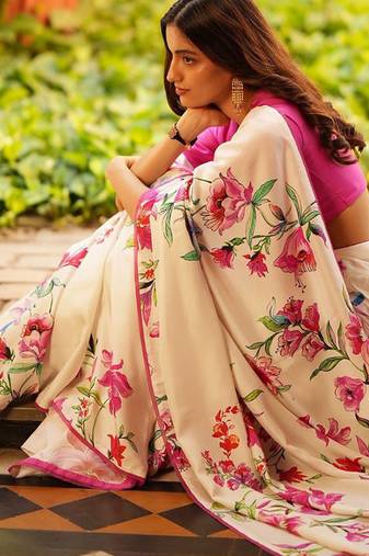 Off white original japan devsena satin saree japan satin digital print blouse