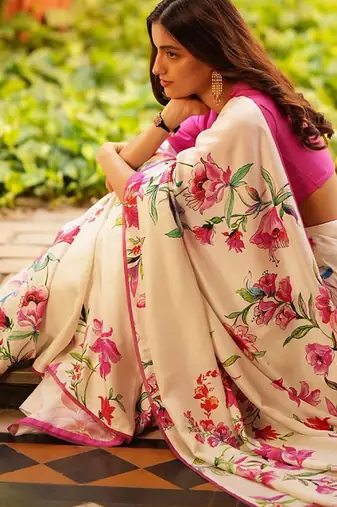 Off white original japan devsena satin saree japan satin digital print blouse