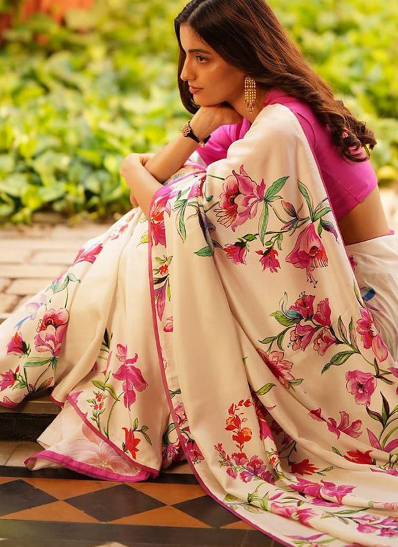 Off white original japan devsena satin saree japan satin digital print blouse