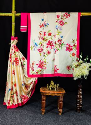 Off white original japan satin saree with digital print blouse 2