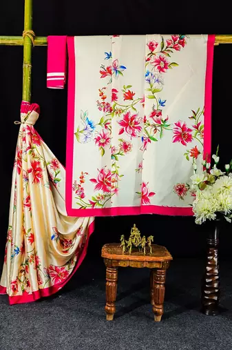 Off white original japan satin saree with digital print blouse