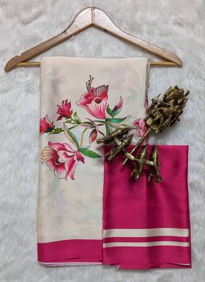 Off white original japan satin saree with digital print blouse 3