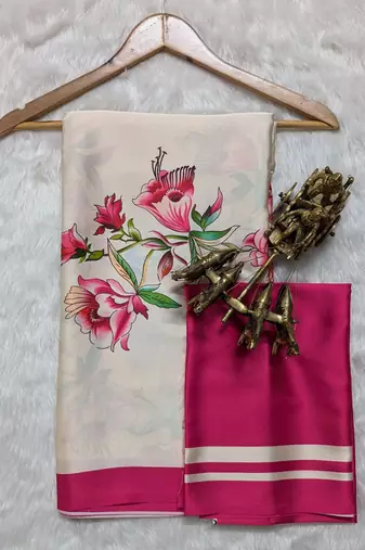 Off white original japan satin saree with digital print blouse