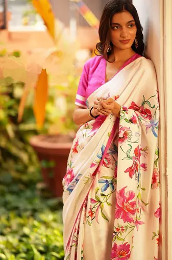 Off white original japan satin saree with digital print blouse