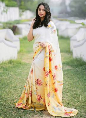 Off white original japan satin saree with digital print blouse 1
