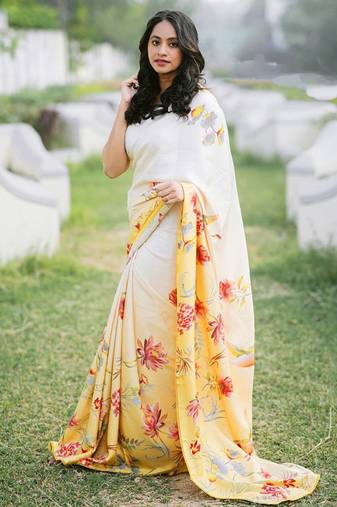 Off white original japan devsena satin saree japan satin digital print blouse