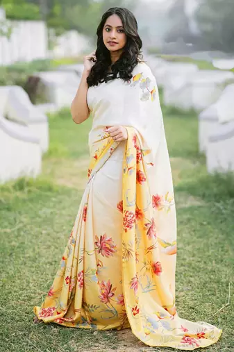 Off white original japan devsena satin saree japan satin digital print blouse