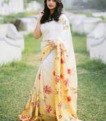 Off white original japan devsena satin saree japan satin digital print blouse