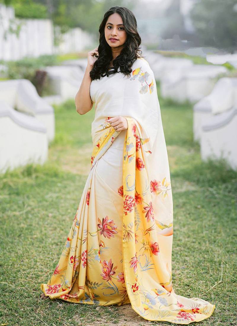 Off white original japan devsena satin saree japan satin digital print blouse