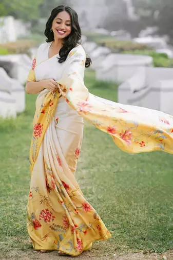 Off white original japan satin saree with digital print blouse