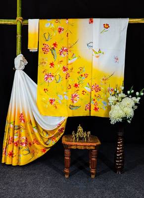 Off white original japan satin saree with digital print blouse 3