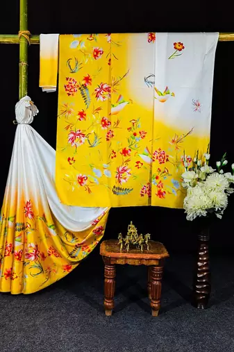 Off white original japan satin saree with digital print blouse