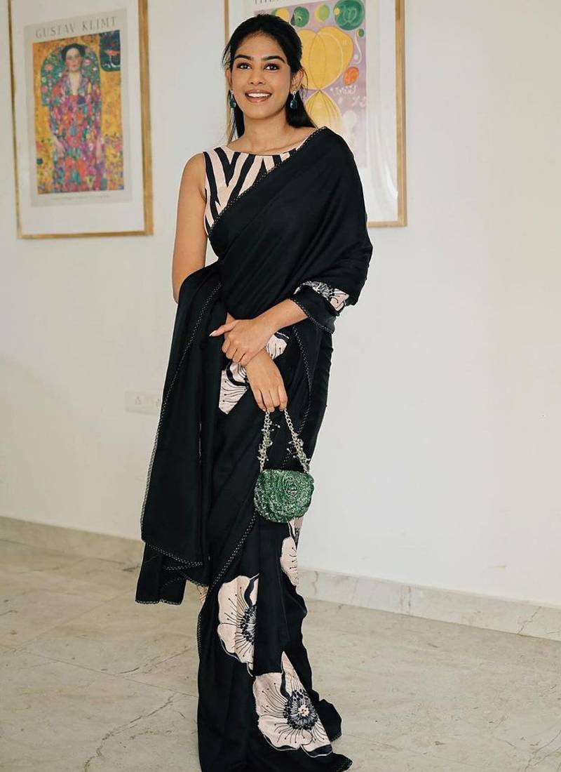 Black original japan devsena satin saree japan satin digital print blouse