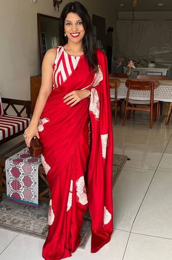 Red original japan devsena satin saree japan satin digital print blouse