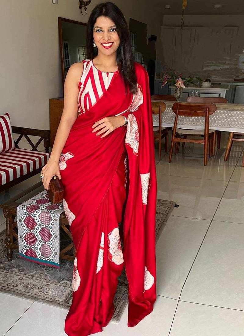 Red original japan devsena satin saree japan satin digital print blouse