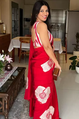 Red original japan satin saree with digital print blouse