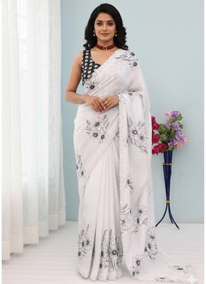 white silk blend digital printed saree with swarovski diamond work & blouse piece 2