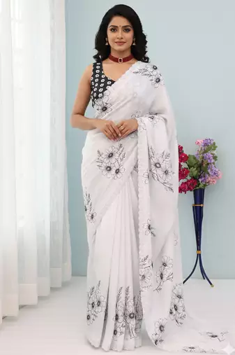 white silk blend digital printed saree with swarovski diamond work & blouse piece