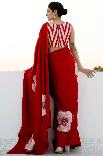 Red original japan satin saree with digital print blouse