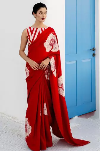 Red original japan satin saree with digital print blouse