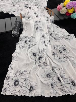 white silk blend digital printed saree with swarovski diamond work & blouse piece 1