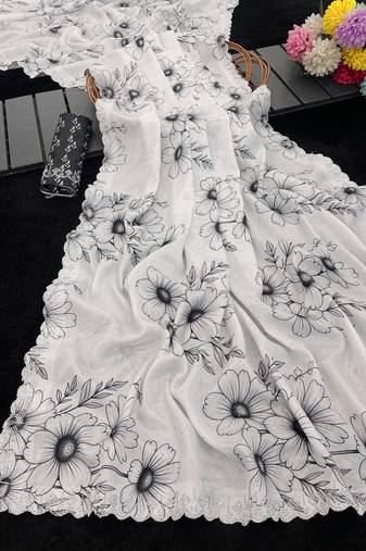 white silk blend digital printed saree with swarovski diamond work & blouse piece
