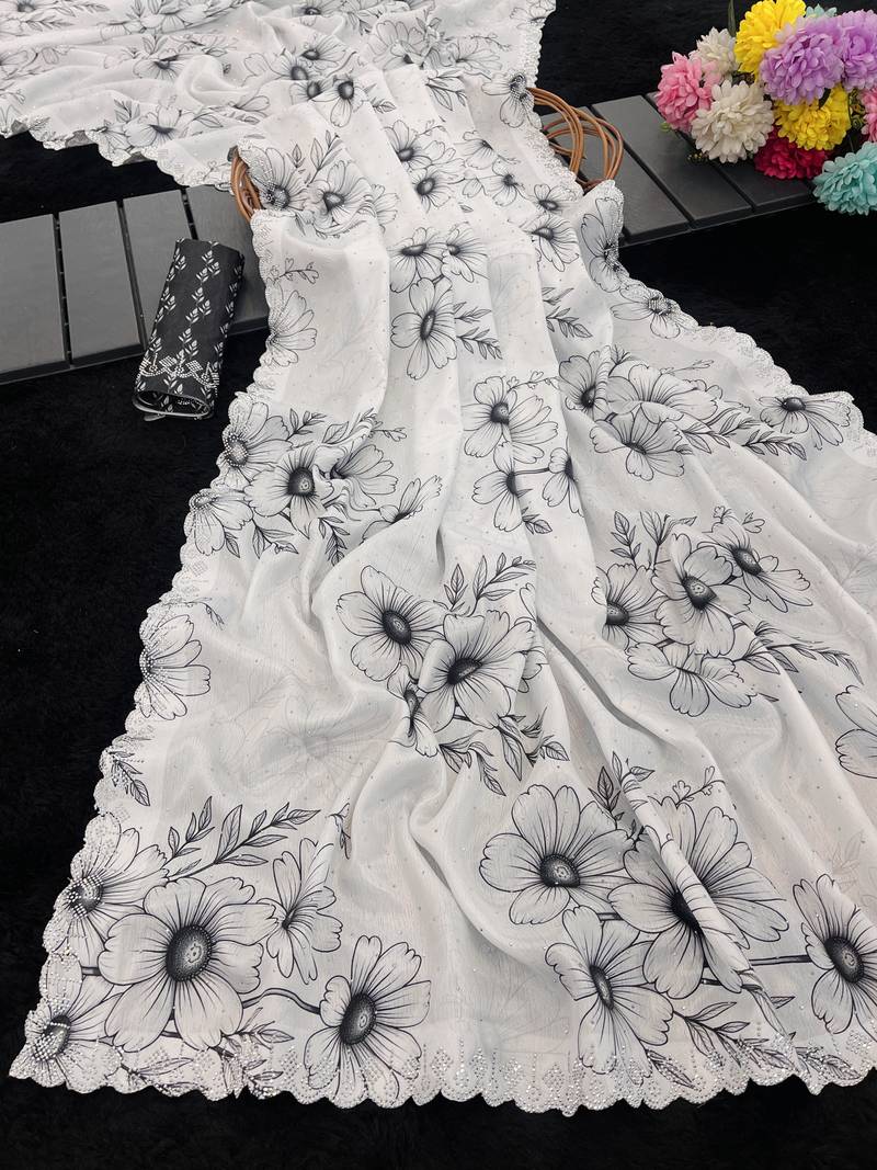 white silk blend digital printed saree with swarovski diamond work & blouse piece