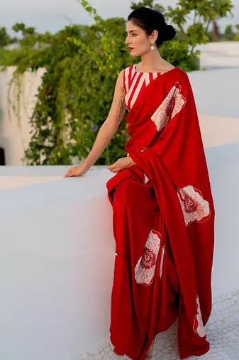 Red original japan satin saree with digital print blouse