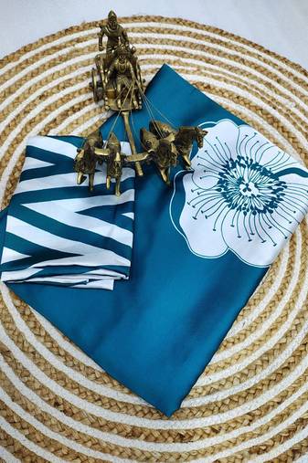 Teal original japan devsena satin saree japan satin digital print blouse