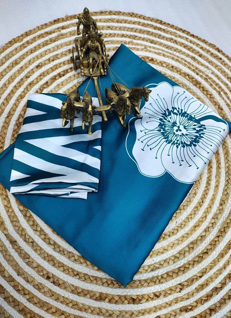 Teal original japan devsena satin saree japan satin digital print blouse