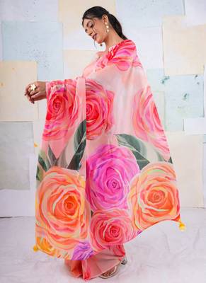 Multicolor original japan satin saree with digital print blouse 2