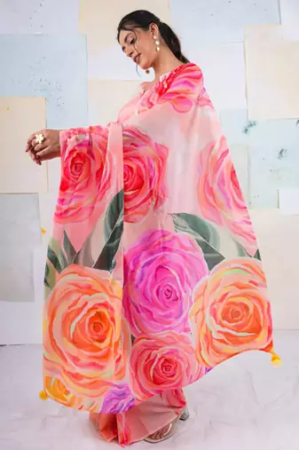 Multicolor original japan satin saree with digital print blouse