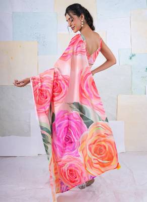 Multicolor original japan satin saree with digital print blouse 3