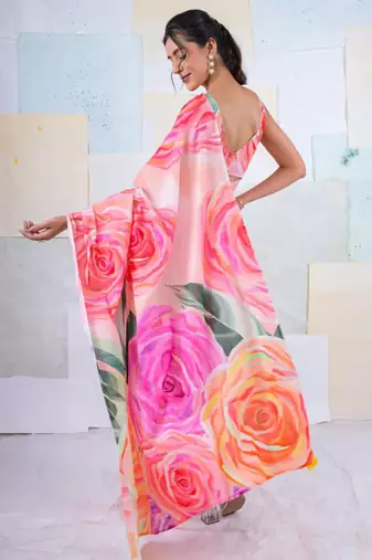 Multicolor original japan satin saree with digital print blouse